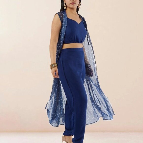 Blue Bandhani Chiffon Three-Piece Suit | Muvvas Boutique - Picture 3 of 5